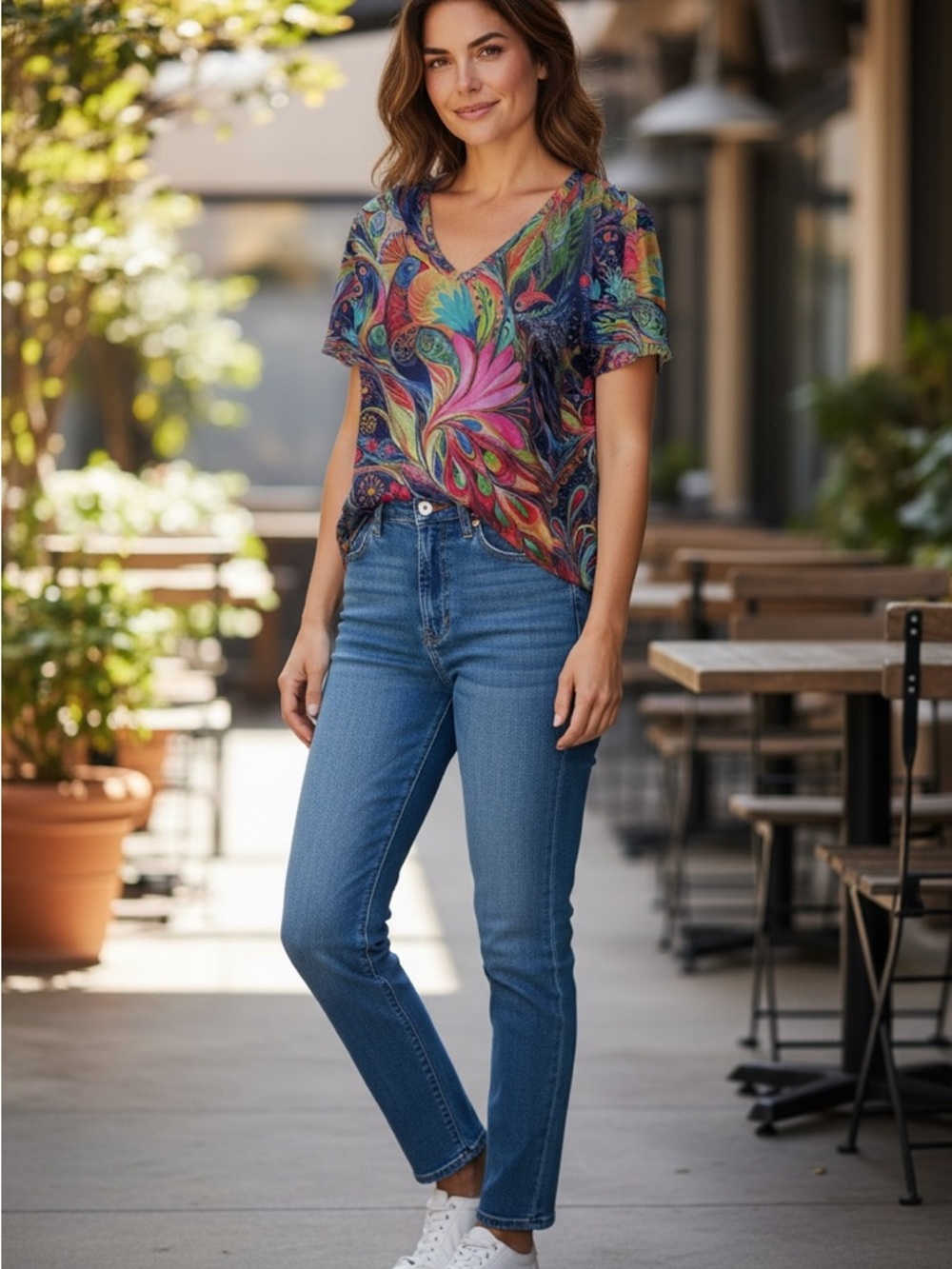 Vibrant Multicolor Floral V-Neck Women’s Top